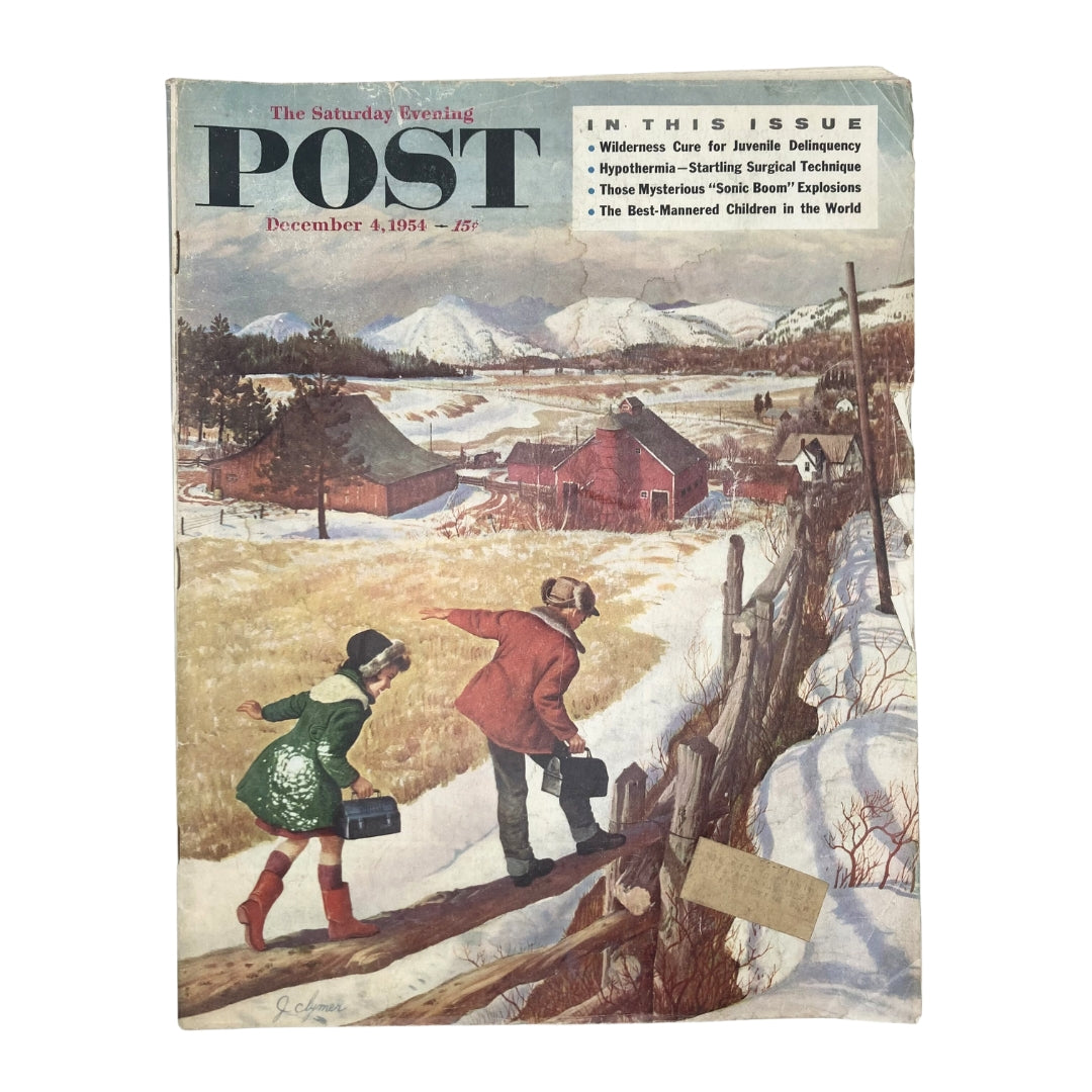 Cover of Saturday Evening Post Magazine December 4 1954 showcasing a winter scene with children walking through snow, featuring artwork by Clymer.