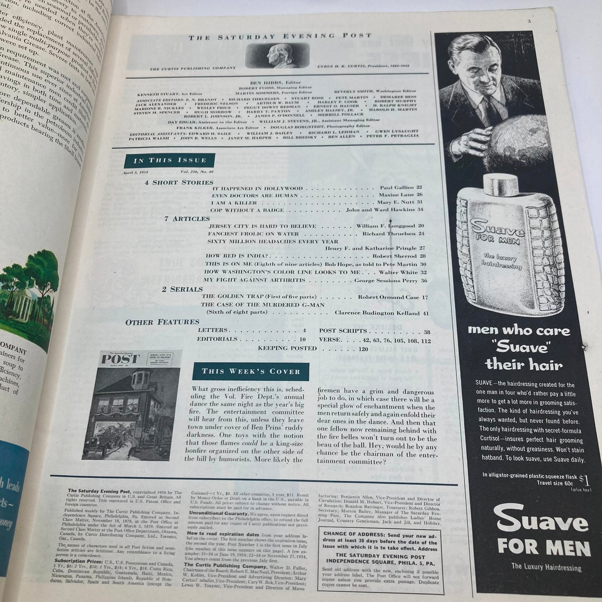 Inside page of the Saturday Evening Post Magazine April 3, 1954 displaying the table of contents and articles including short stories and serials reflective of the era.
