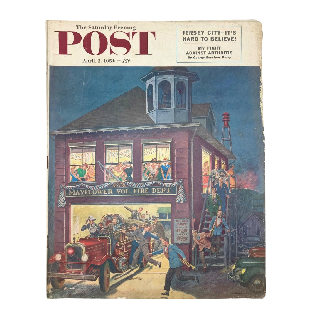 Cover of Saturday Evening Post Magazine dated April 3, 1954, featuring artwork depicting firefighters responding to an emergency at the Mayflower Volunteer Fire Department.