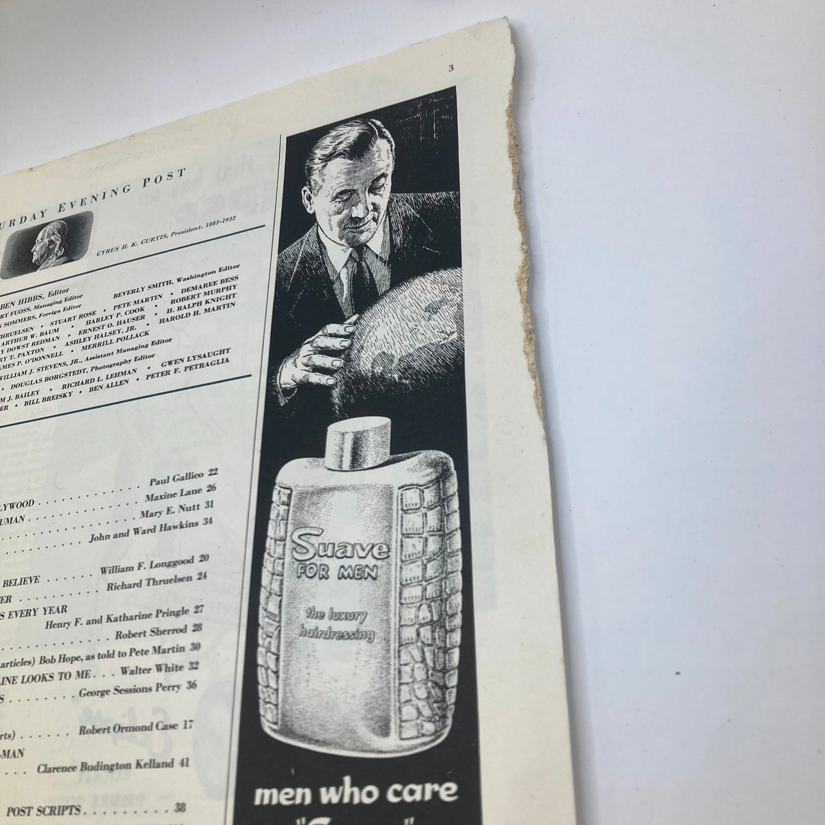 Close-up of the advertisement from Saturday Evening Post Magazine April 3, 1954 promoting Suave for Men hair product with illustrated gentleman.
