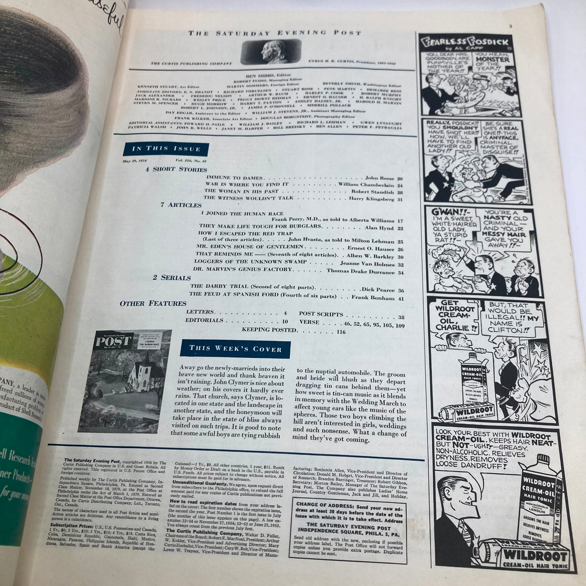 Another inside page of Saturday Evening Post Magazine May 29 1954 showcasing contents and articles, including a summary of the week's features.