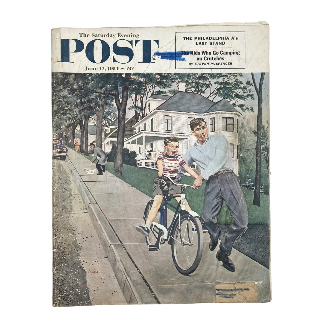 Cover of Saturday Evening Post Magazine, June 12, 1954. The illustration titled 'Galloping Husband' by George Hughes features a man and a boy riding a bicycle. A nostalgic representation of mid-20th century American life.