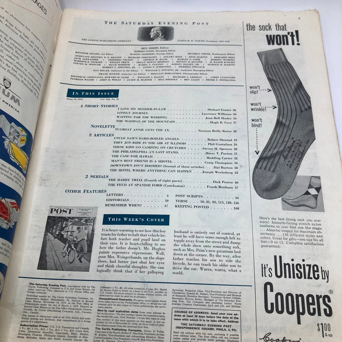 Contents page of Saturday Evening Post Magazine, June 12, 1954. The page outlines various articles, stories, and features in the issue, showcasing the magazine's mid-century style and cultural relevance.