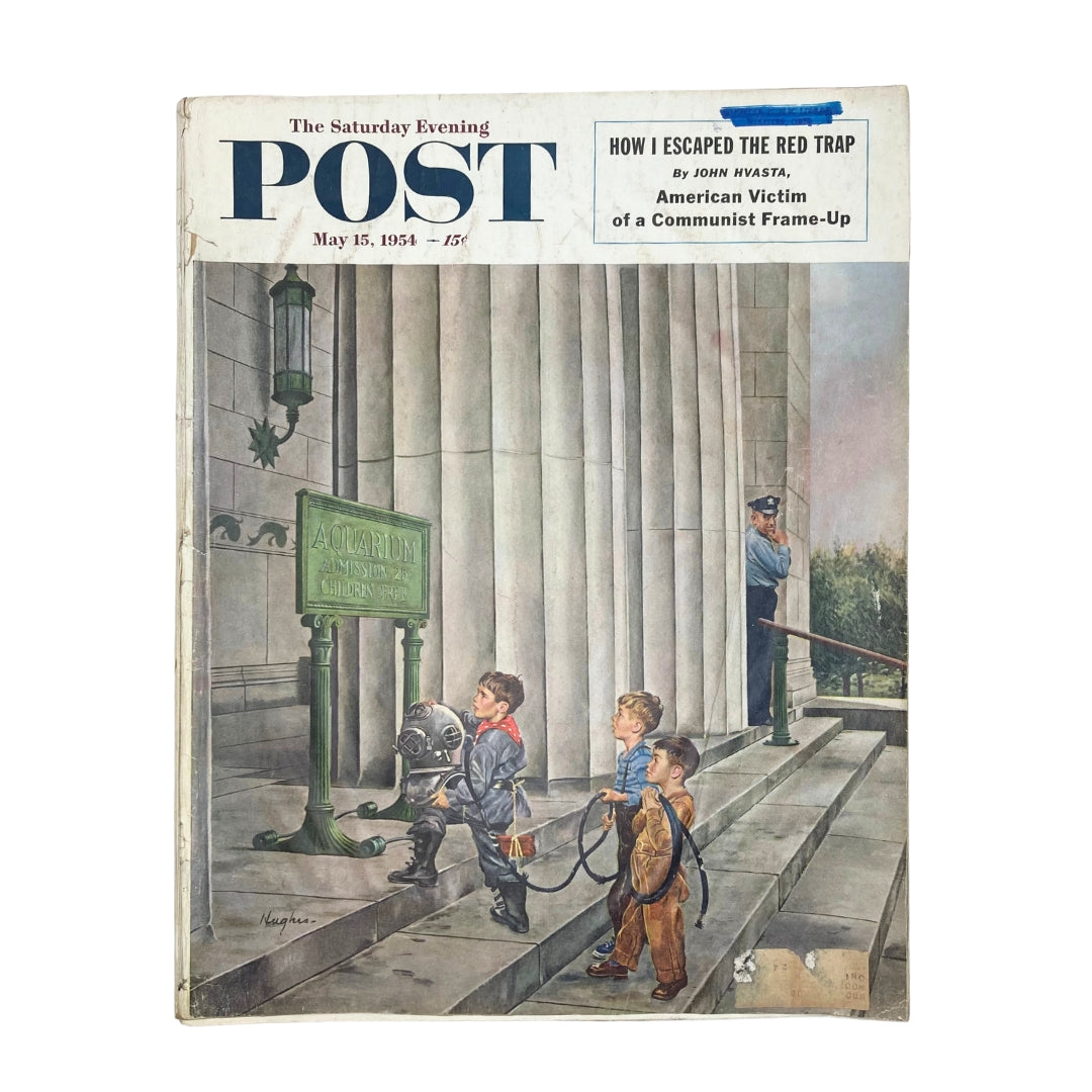 Cover of the Saturday Evening Post Magazine dated May 15, 1954, featuring a colorful illustration of children in vintage clothing interacting with an aquarium sign, reminiscent of mid-20th century Americana.