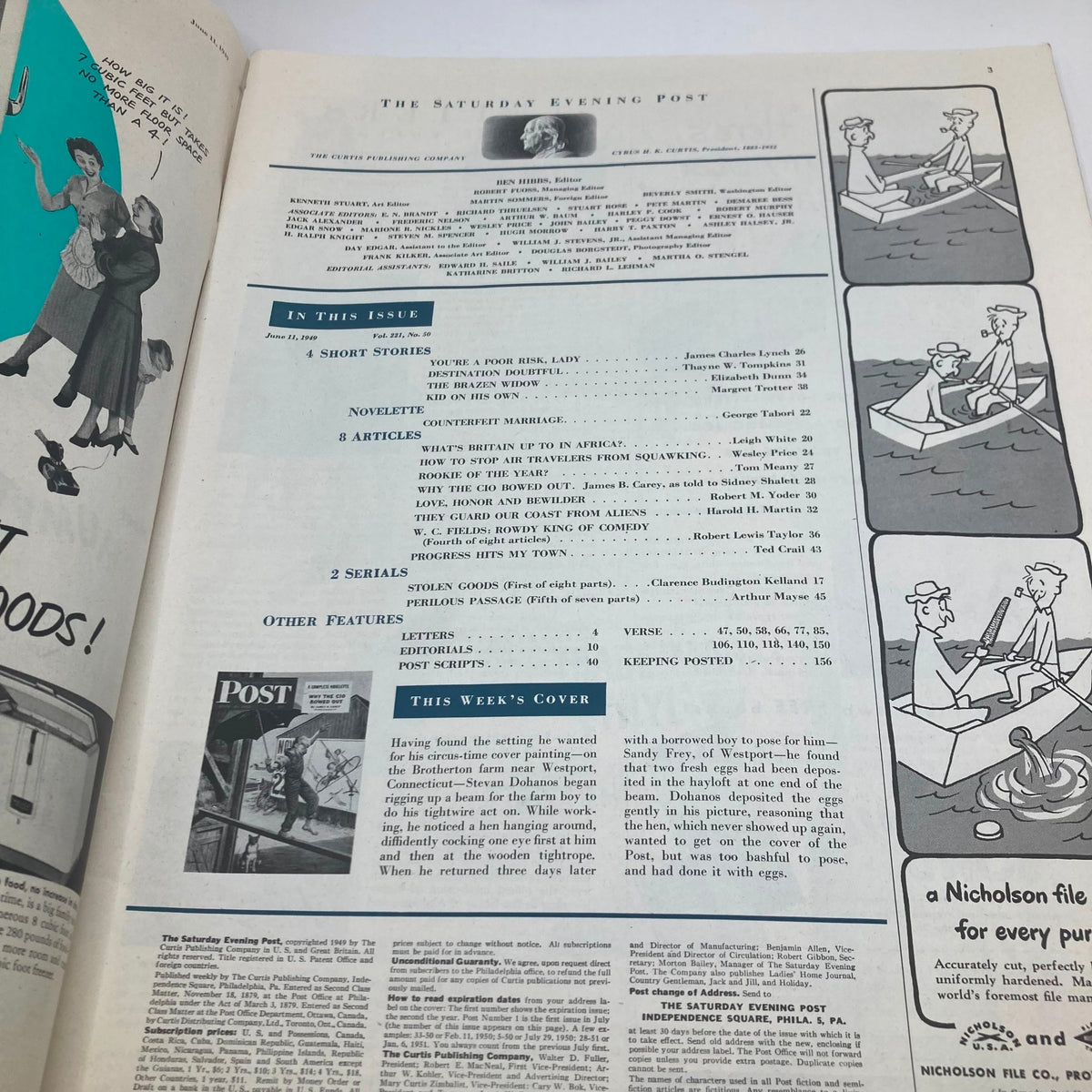 Interior page of the Saturday Evening Post Magazine June 11 1949 featuring articles, short stories, and a cover story about Brotherton Farm by Stevan Dohanos.