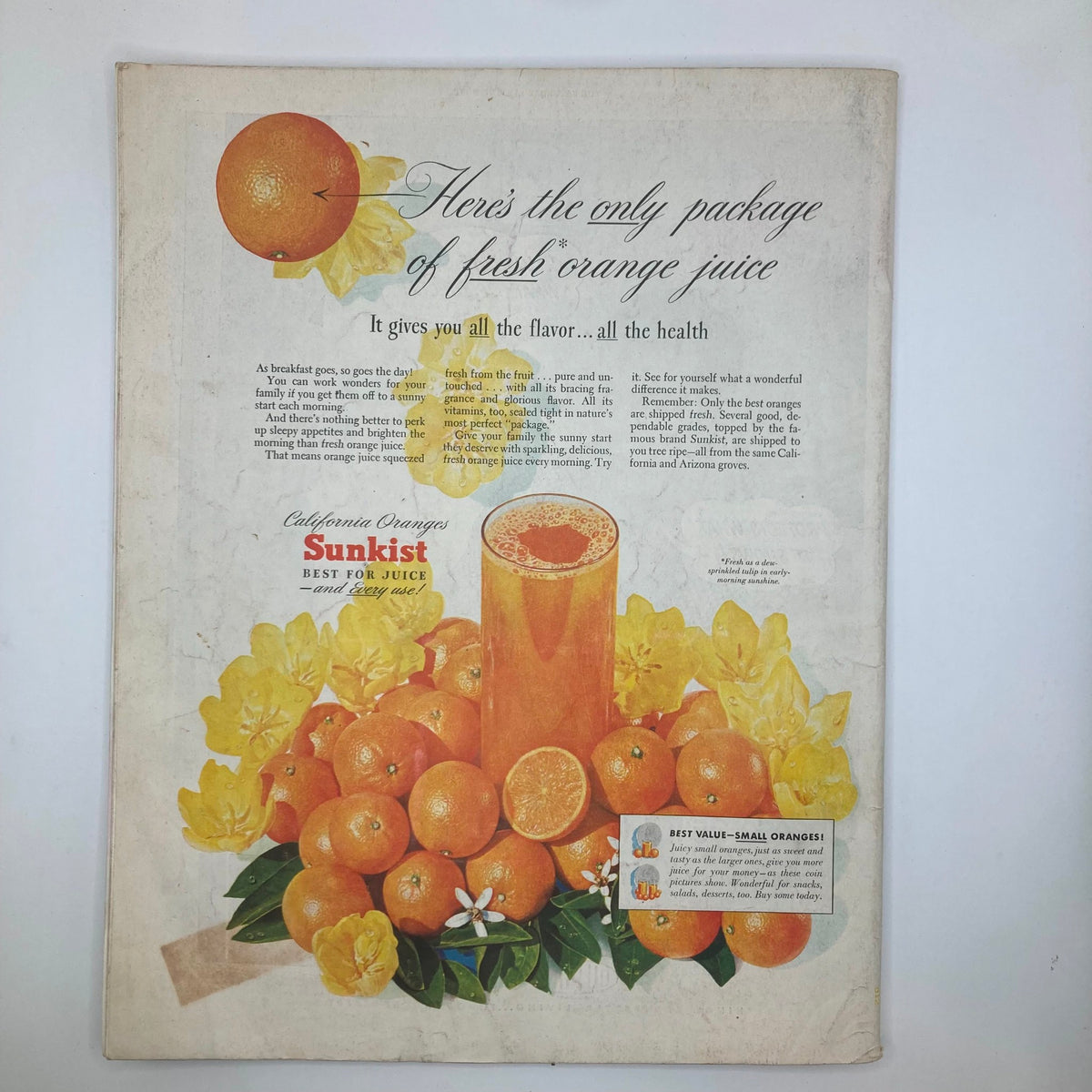 Vintage advertisement for Sunkist orange juice from the Saturday Evening Post Magazine June 11 1949, displaying fresh oranges and a glass of juice.