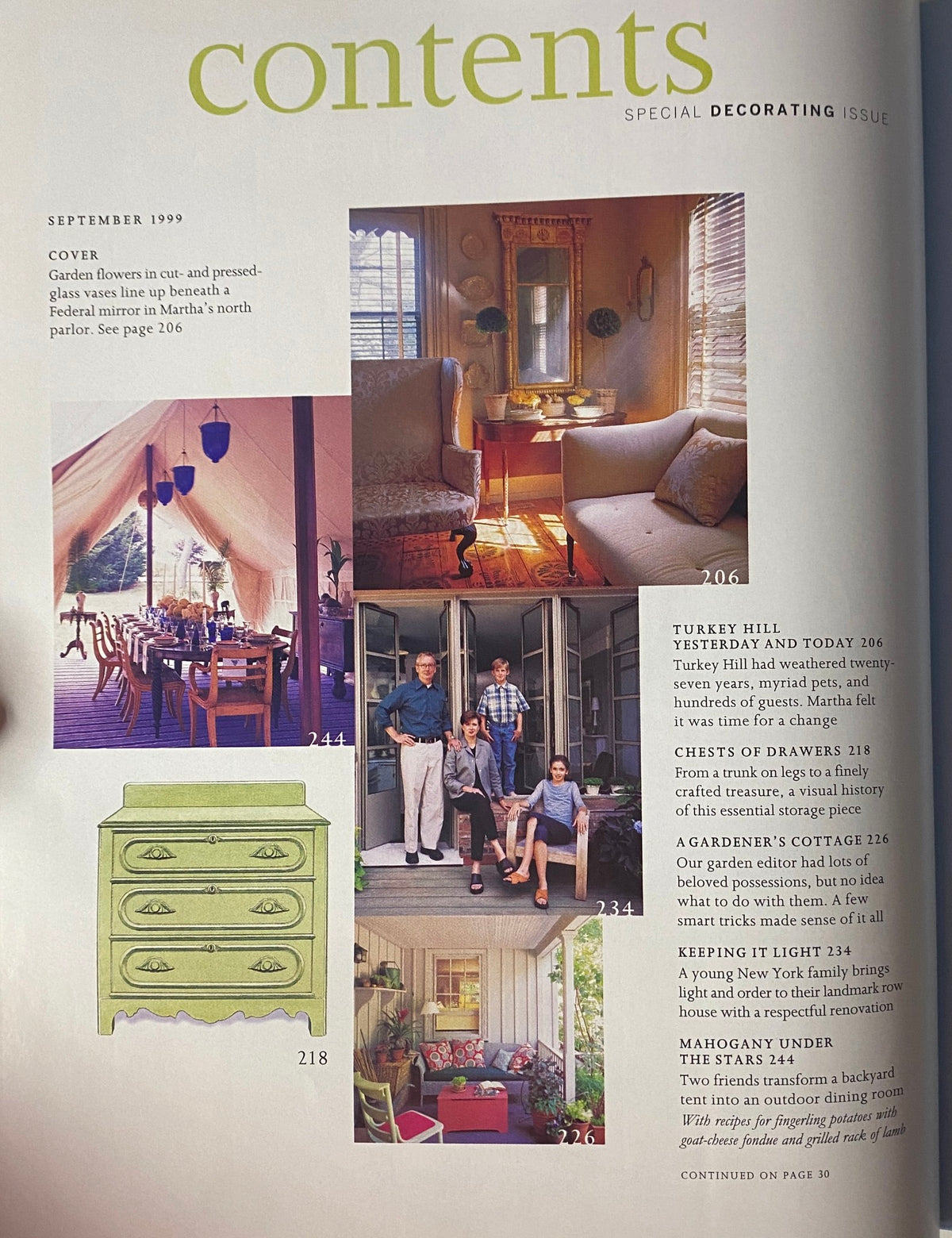Contents page of Martha Stewart Living Magazine September 1999 Decorating Issue highlighting features like 'Turkey Hill Yesterday and Today' and 'A Gardener’s Cottage'.