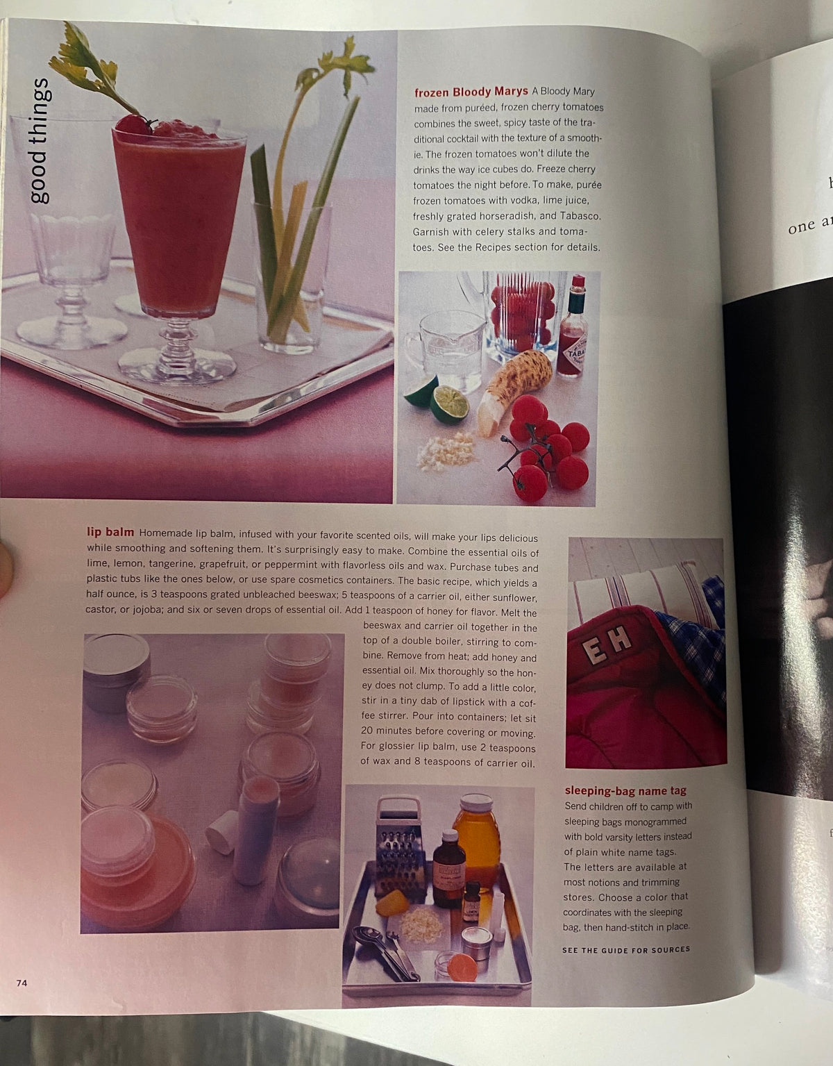 Good Things section from Martha Stewart Living Magazine, July/August 1999, showcasing recipes and DIY ideas including Frozen Bloody Marys and homemade lip balm.