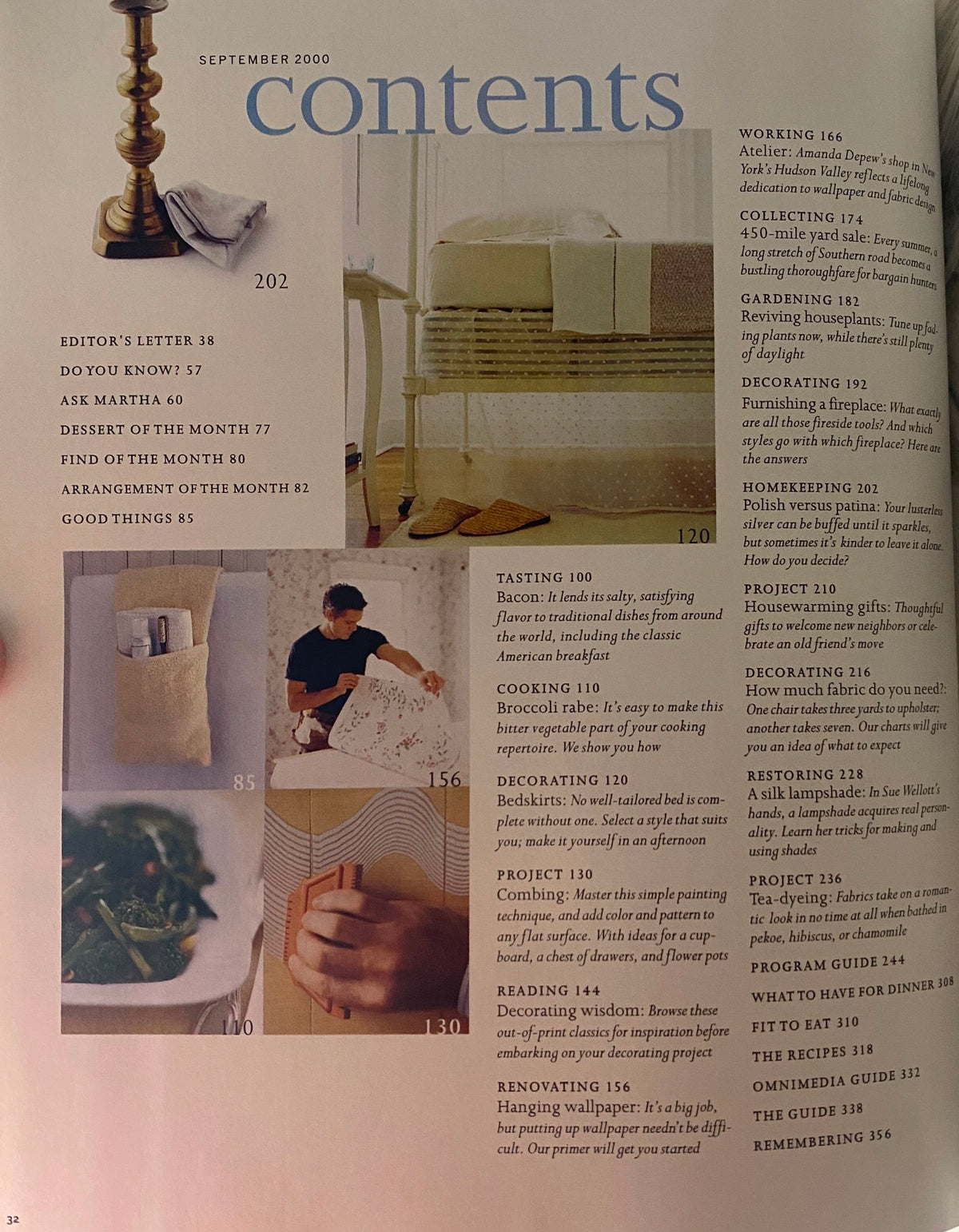 Contents page of Martha Stewart Living Magazine September 2000 Decorating Issue featuring articles on Tasting, Renovating, and Project Guides.