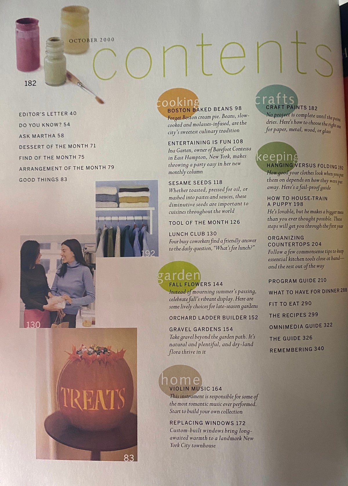 Contents page of Martha Stewart Living Magazine October 2000, listing articles on cooking, crafts, garden tips, and home organization. Features recipes like Boston Baked Beans and DIY projects for autumn.