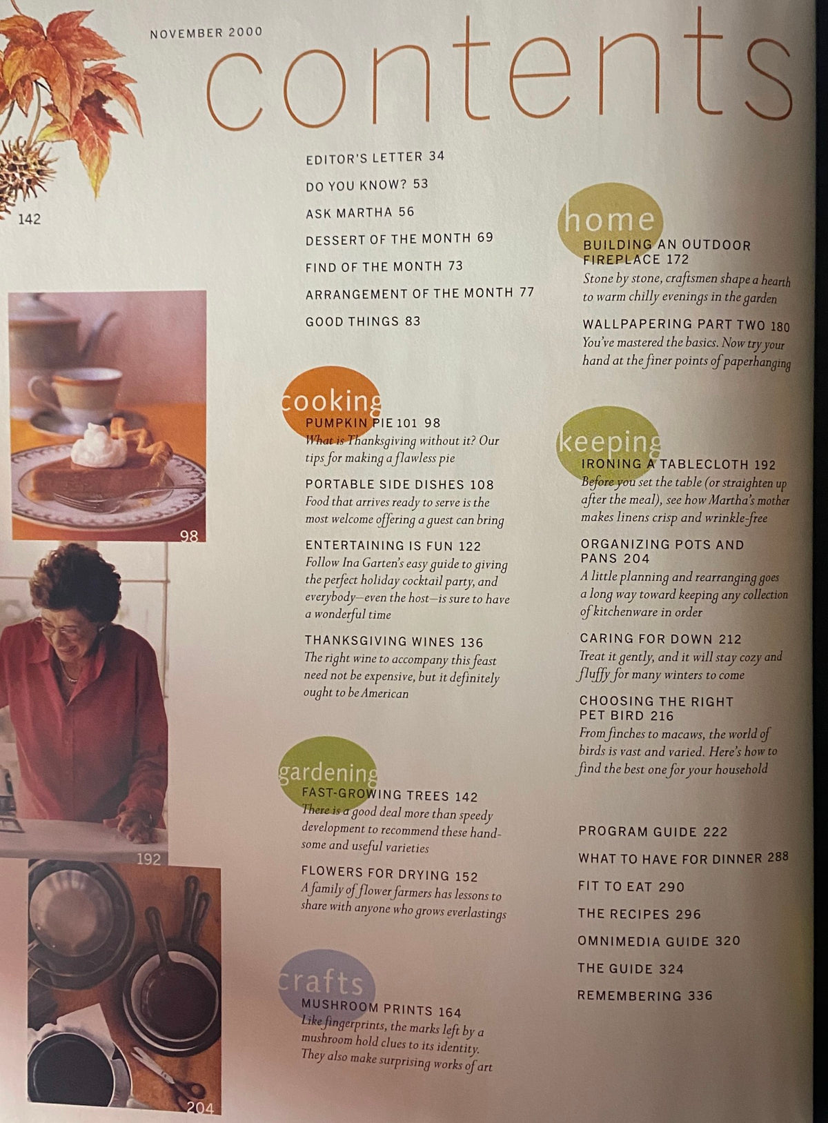 Table of contents page from Martha Stewart Living Magazine November 2000 showcasing sections on cooking, gardening, and crafts.