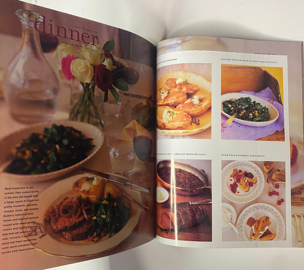 Dinner ideas page from Martha Stewart Living Magazine November 2000 displaying elegant portable side dishes for holiday gatherings.
