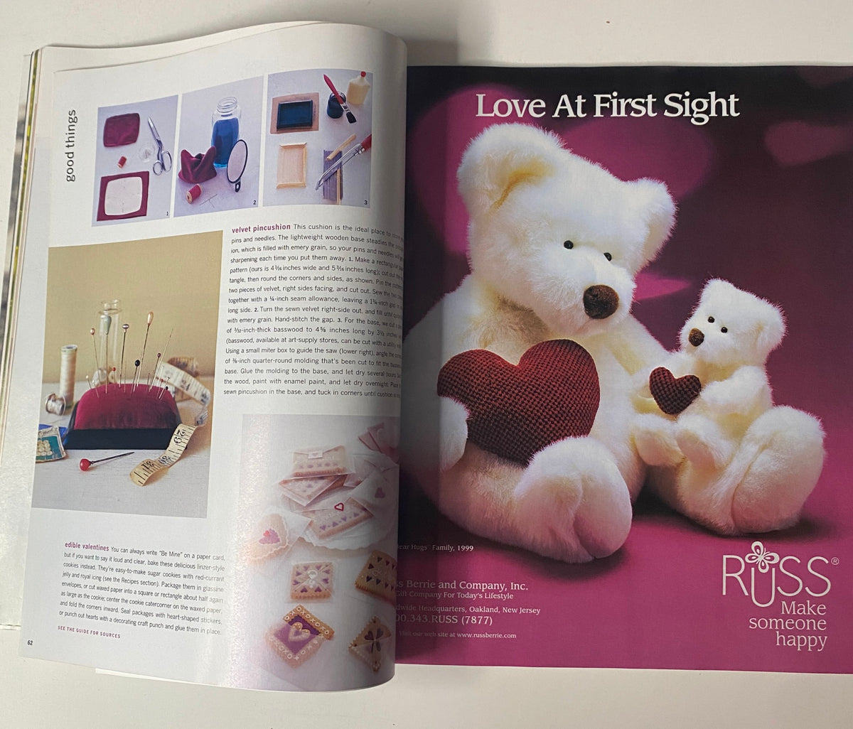 Inside view of Martha Stewart Living Magazine February 1999 featuring a DIY project for a velvet pincushion and edible Valentine cookies, showcasing creative ideas for crafting.