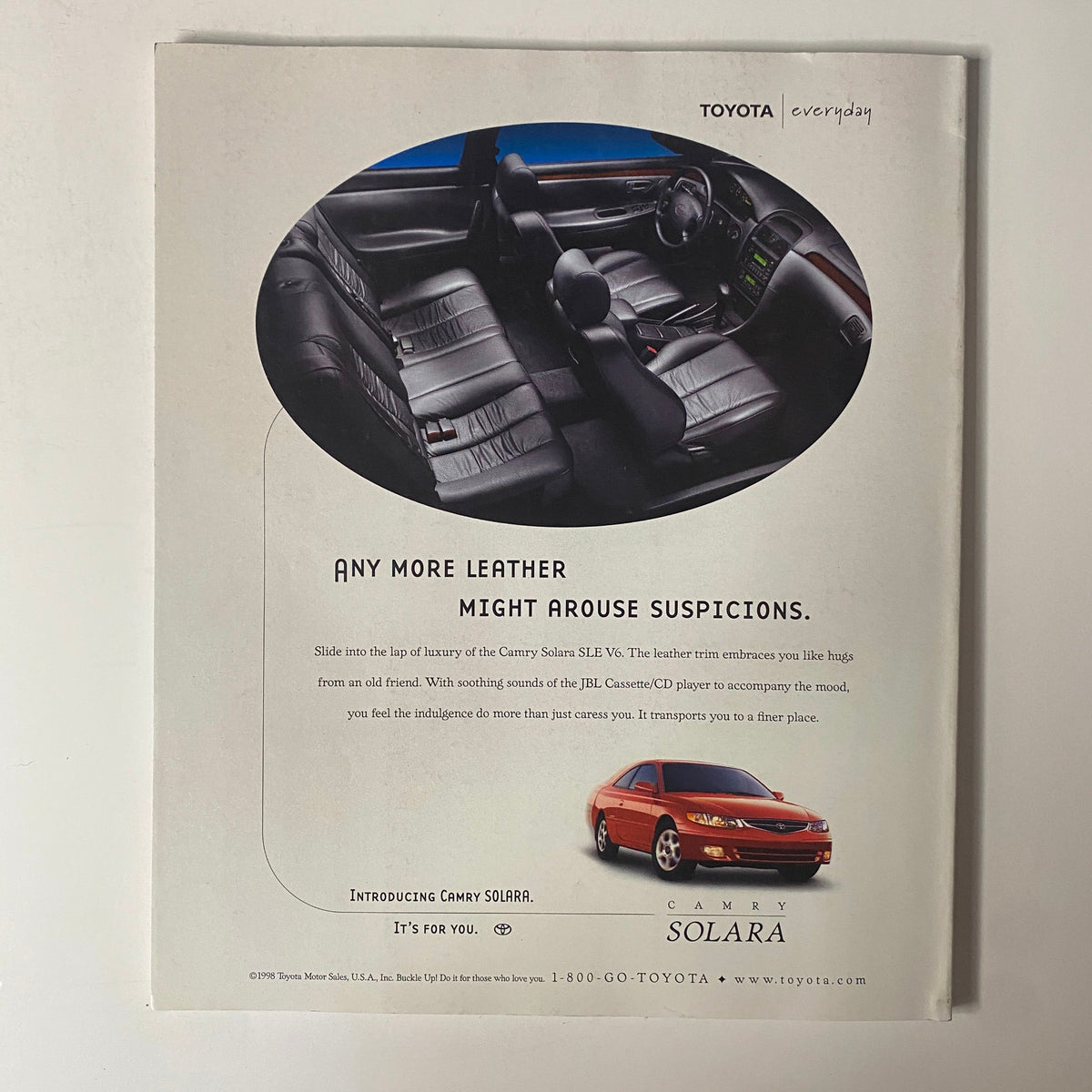 Advertisement for the Toyota Camry Solara from Martha Stewart Living Magazine February 1999, highlighting the luxury interior and features of the vehicle.