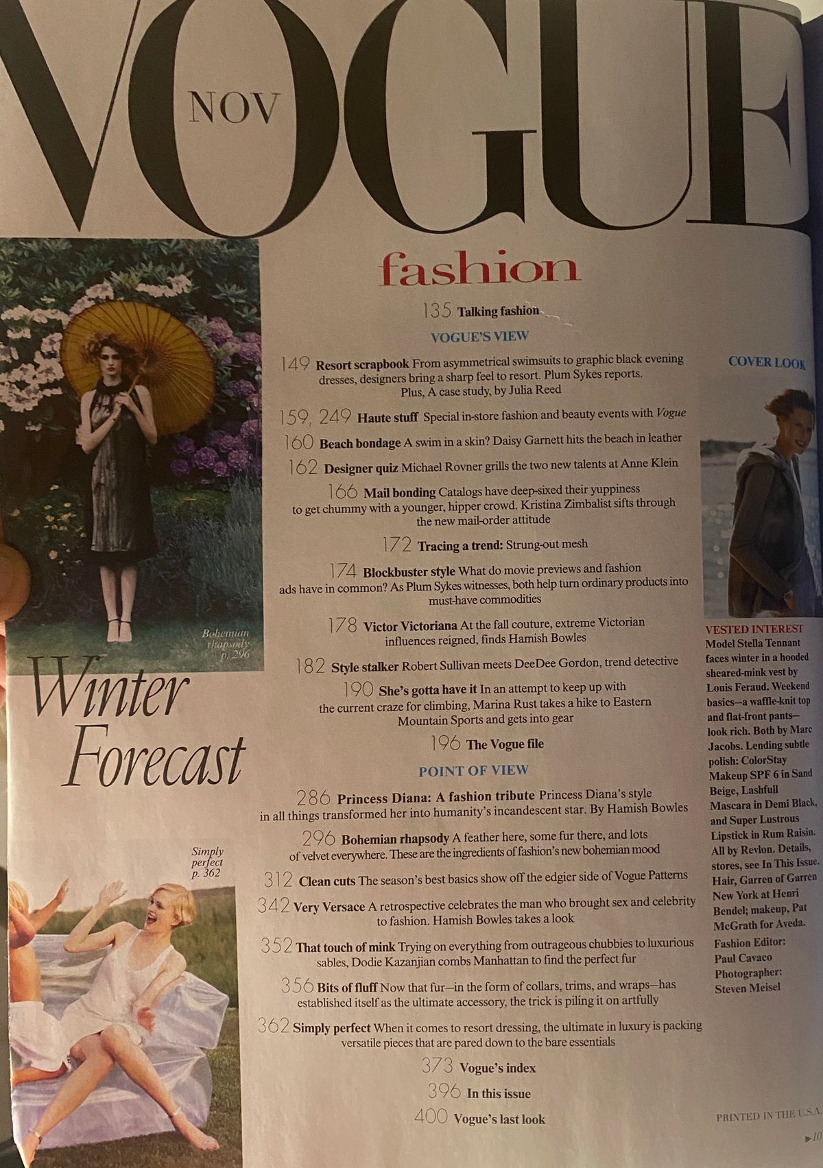 Inside page of Vogue Magazine November 1997 featuring the fashion section, articles on trends, and a feminine model under a parasol. Title: Vogue Magazine November 1997 Stella Tennant Cover No Label.