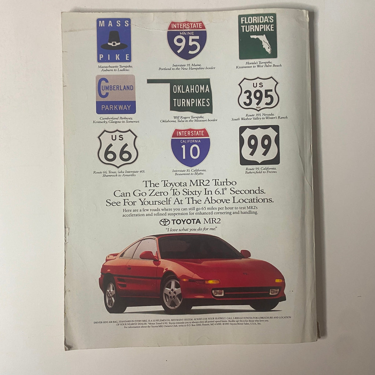 An advertisement page from Self Magazine for the Toyota MR2 Turbo, accompanying the title 'Self Magazine November 1993 Stephanie Seymour Cover No Label'. It features an image of a red Toyota MR2 Turbo with a description highlighting its performance, surrounded by road signs from various highways.