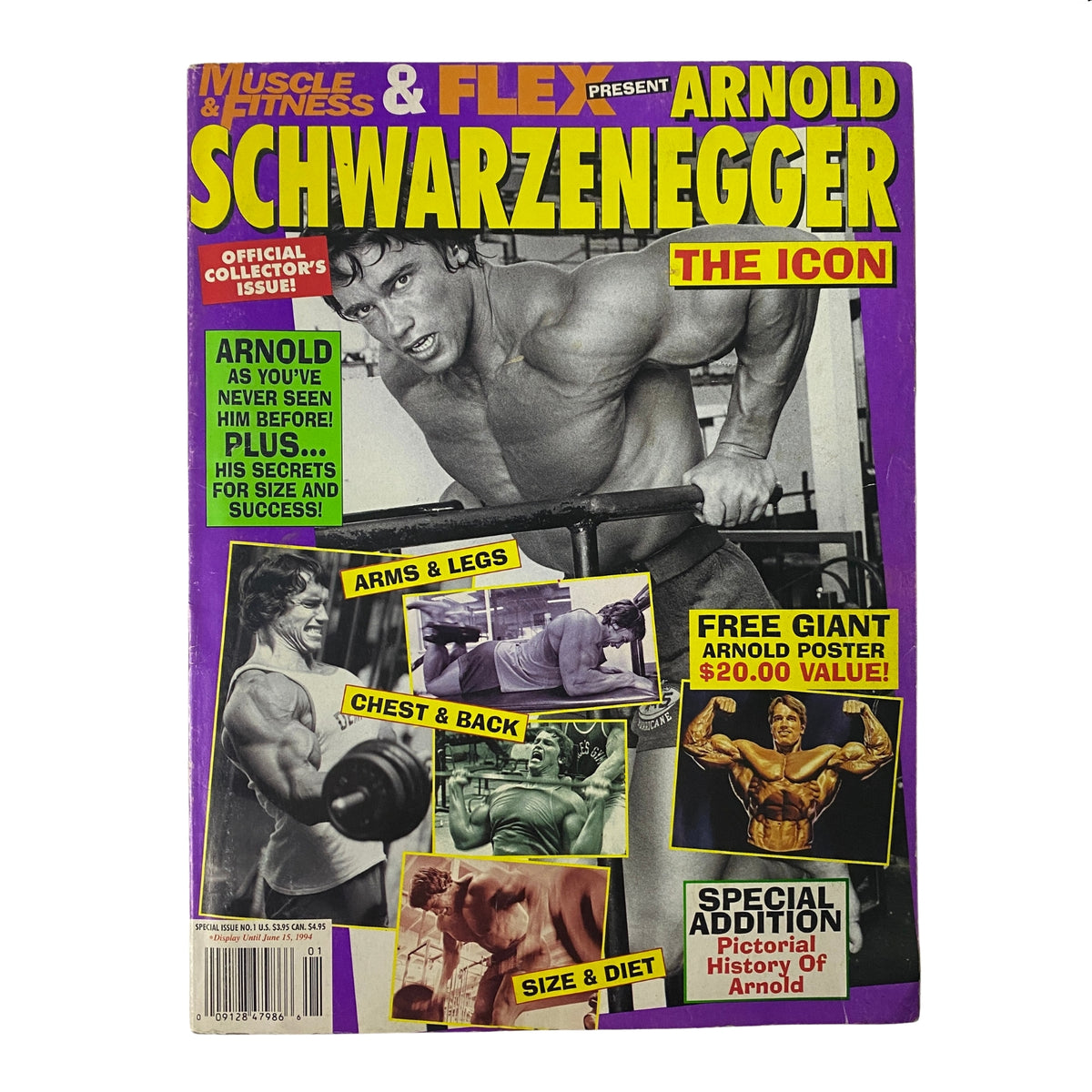 Front cover of Muscle & Fitness and Flex Magazine Spring 1994 featuring Arnold Schwarzenegger. The cover highlights exclusive content, training strategies, and special features about his bodybuilding journey.
