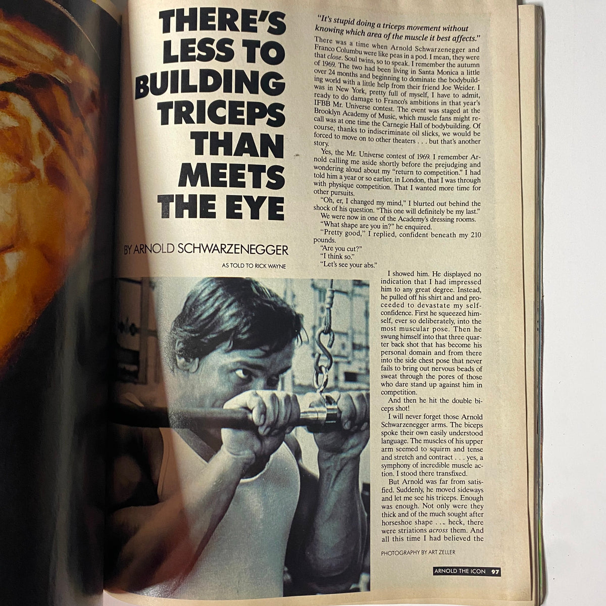 An article page featuring Arnold Schwarzenegger from the Muscle & Fitness and Flex Magazine Spring 1994, highlighting his insights on triceps training titled 'There’s Less to Building Triceps than Meets the Eye'.