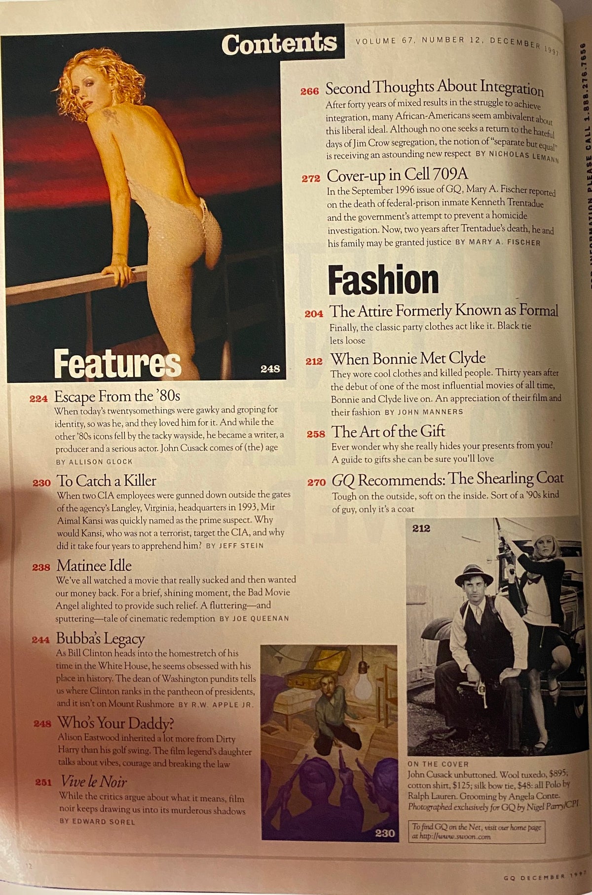 Contents page of GQ Magazine December 1997, including featured articles like 'Escape From the ’80s' and 'To Catch a Killer', highlighting John Cusack's influence and pop culture commentary.