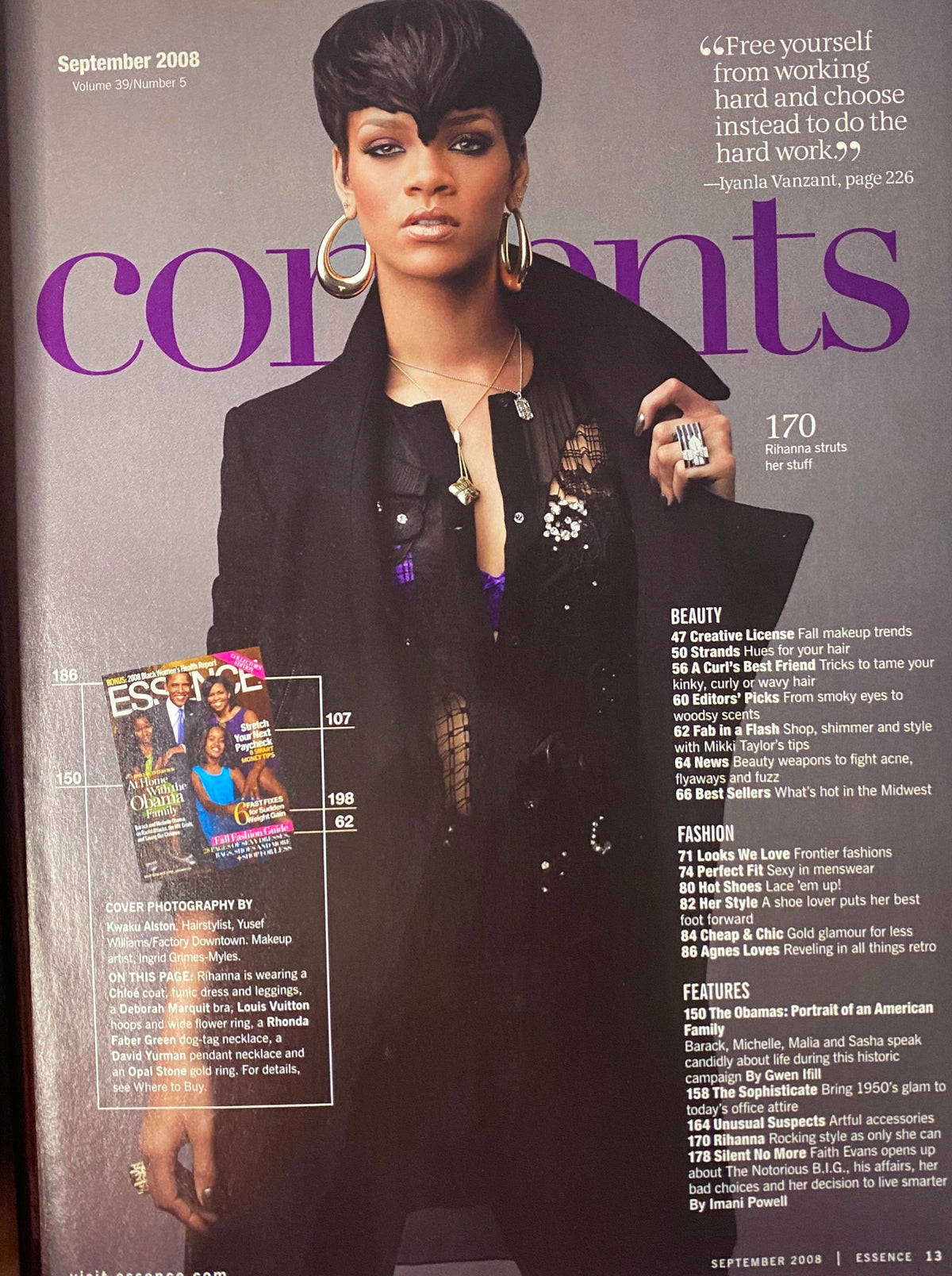 Contents page of Essence Magazine September 2008 showcasing Rihanna with a powerful quote and a summary of featured articles including beauty and fashion segments.