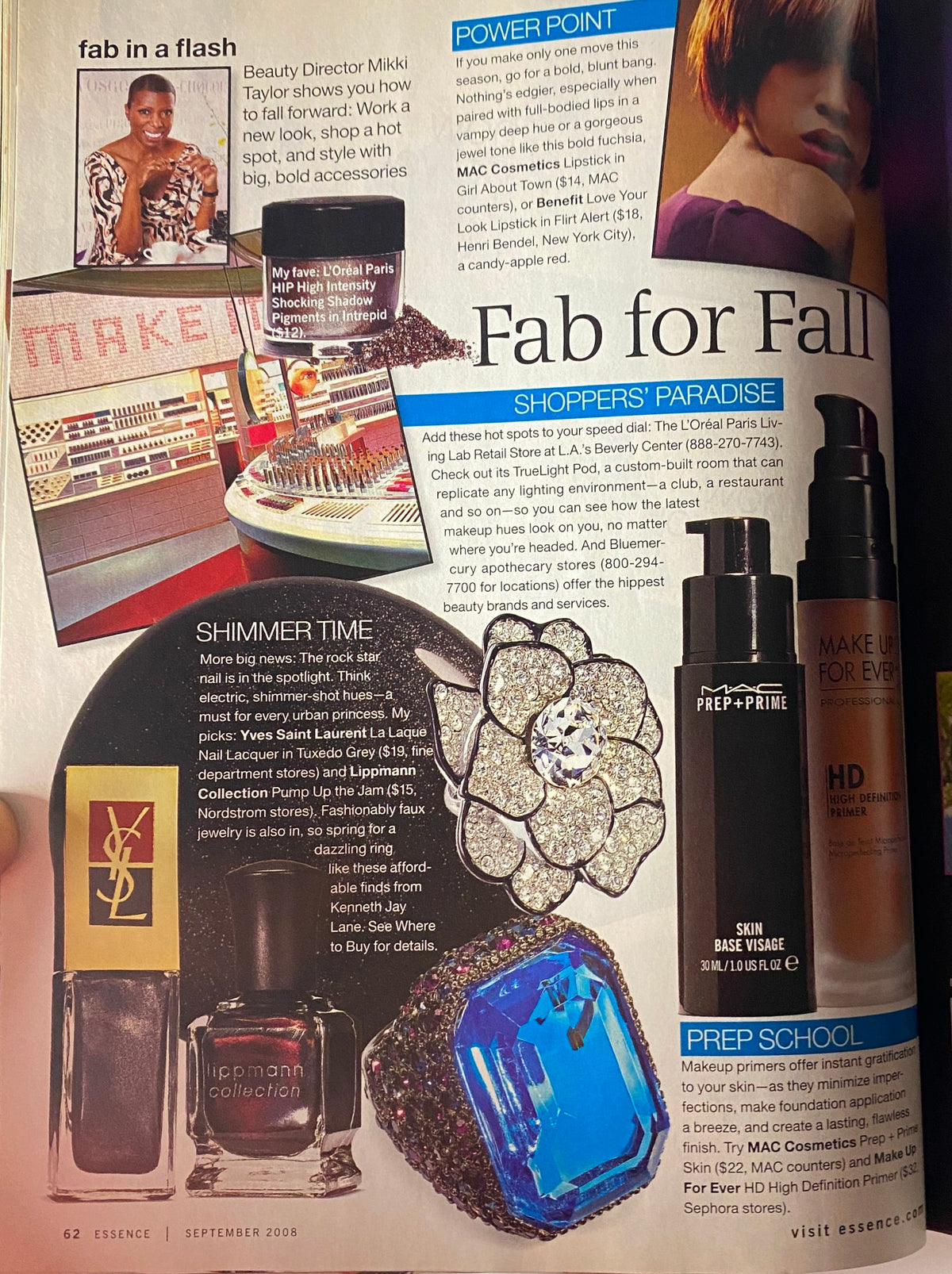 Interior page from Essence Magazine September 2008 titled 'Fab in a Flash' discussing beauty tips and spotlighting makeup products, along with a feature on shopping for affordable beauty accessories.