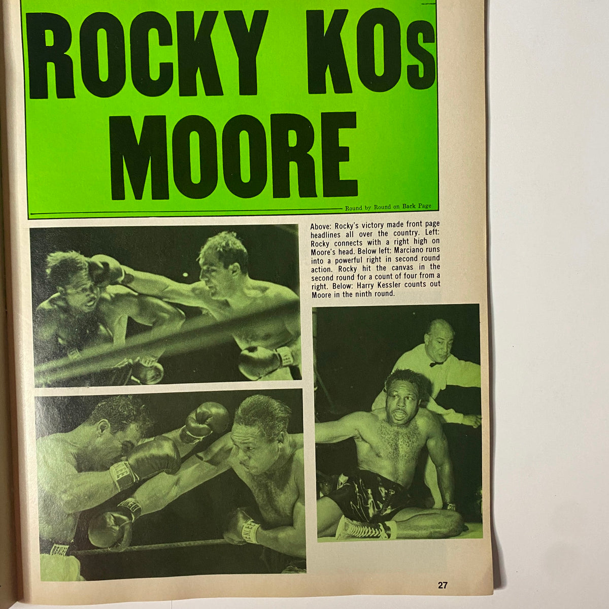 Page from The Ring Magazine Presents Special Vol 2 No. 2 showcasing Rocky Marciano's victory over Archie Moore, featuring images of the fight.