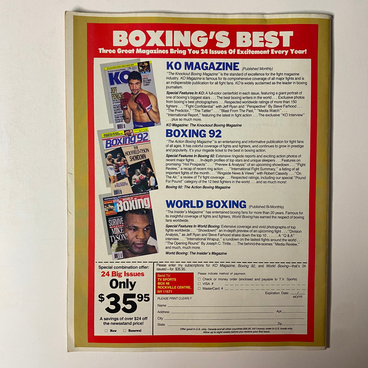 Back cover advertisement for 'The Ring Magazine Presents Special Vol 2 No. 2 Muhammad Ali'. Features promotions for KO Magazine, Boxing 92, and World Boxing, showcasing boxing-related content and a special subscription offer.