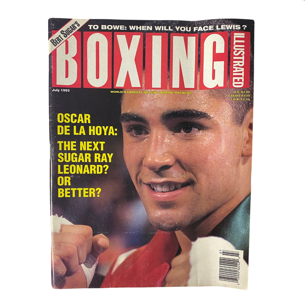 Cover of Boxing Illustrated Magazine July 1993 featuring Oscar De La Hoya with bold text questioning if he is the next Sugar Ray Leonard, highlighting the magazine's features on boxing history.