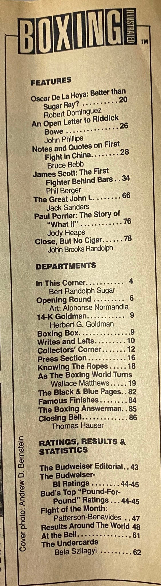 Table of contents from Boxing Illustrated Magazine July 1993 detailing featured articles including Oscar De La Hoya and other notable boxing topics, providing an overview of the magazine's content.