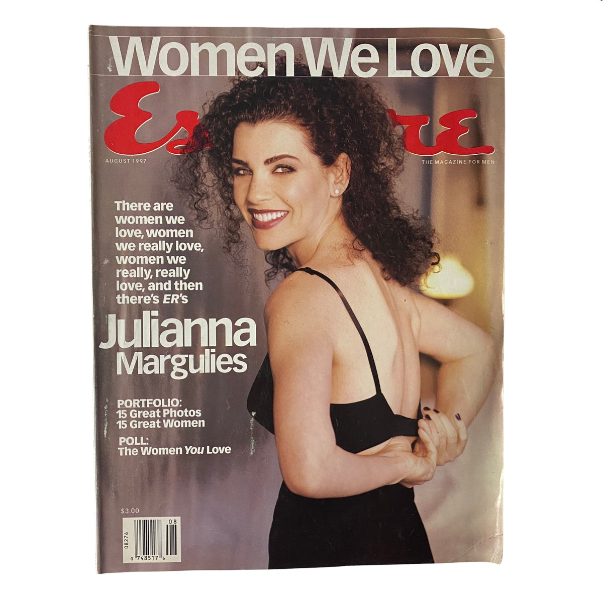 Cover of Esquire Magazine August 1997 featuring Julianna Margulies in a black dress with the headline 'Women We Love'. This vintage magazine is a collectible item for fans of 90s culture.