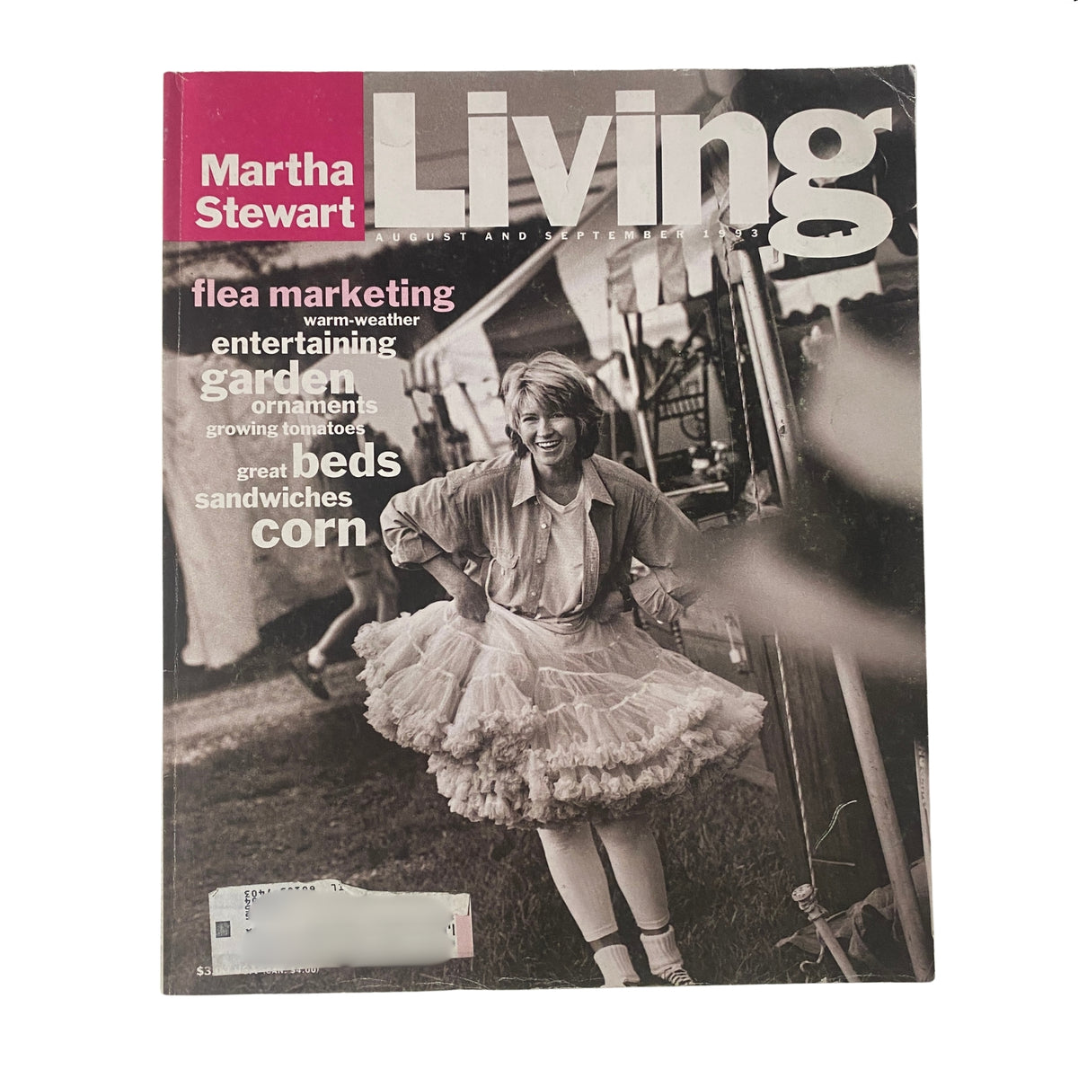 Martha Stewart Living Magazine September 1993 cover featuring Martha Stewart at Brimfield Antique Shows, showcasing seasonal recipes and home décor inspiration.