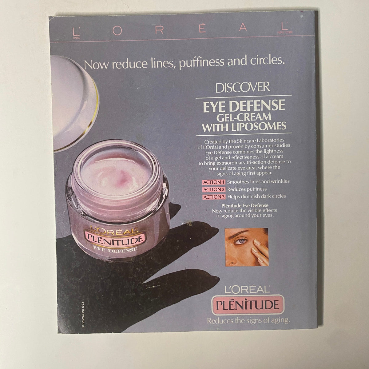 L'Oreal Plenitude Eye Defense advertisement from Martha Stewart Living Magazine September 1993, promoting anti-aging gel-cream for dark circles.
