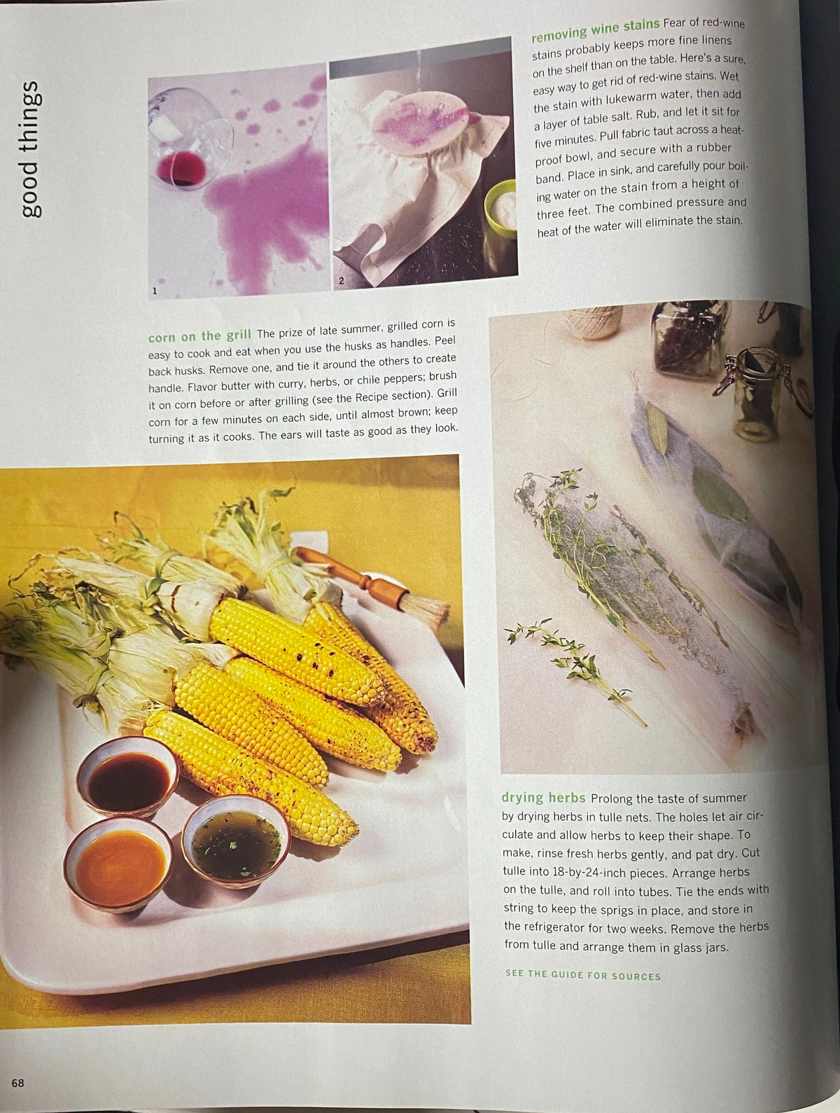 Pages from Martha Stewart Living Magazine September 1997 detailing recipes and tips like corn on the grill and drying herbs, accompanied by vibrant food photography.