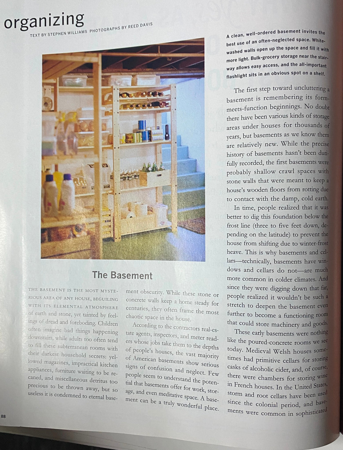Martha Stewart Living Magazine May 1997 article on organizing with a focus on basement storage solutions, featuring a clean and well-ordered basement scene.