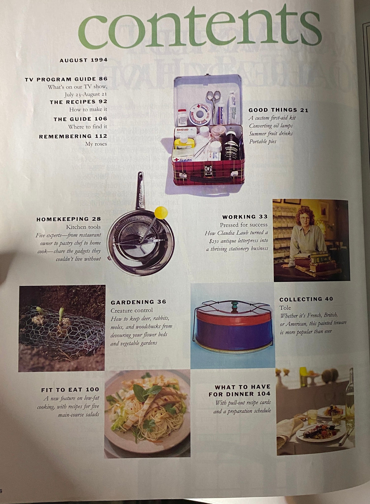 Table of contents from Martha Stewart Living Magazine August 1994, featuring sections on gardening, homekeeping, and recipes for summer gatherings.