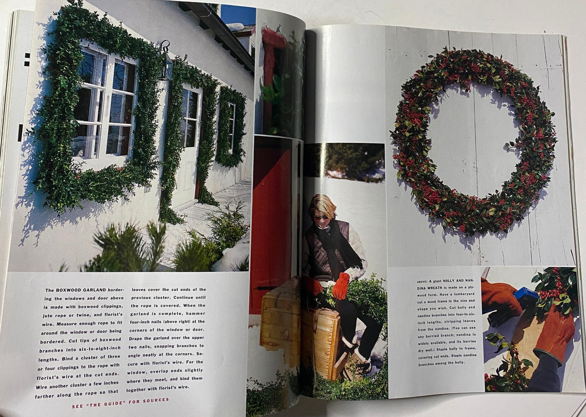 Interior pages of Martha Stewart Living Magazine, December 1993, showcasing holiday wreaths and arrangements of greenery for decoration.