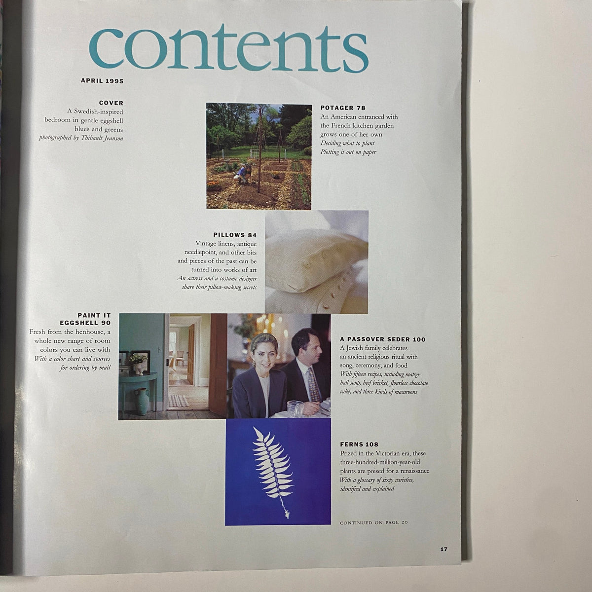 Contents page of Martha Stewart Living Magazine April 1995 listing articles including a Swedish-inspired bedroom feature, potager garden, and caring for ferns.
