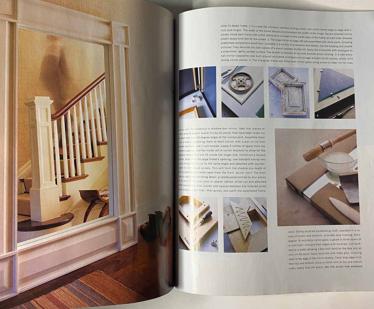 Instructions on making a shadow-box mirror from Martha Stewart Living Magazine November 1996, illustrating the steps and materials needed for a home decor project.