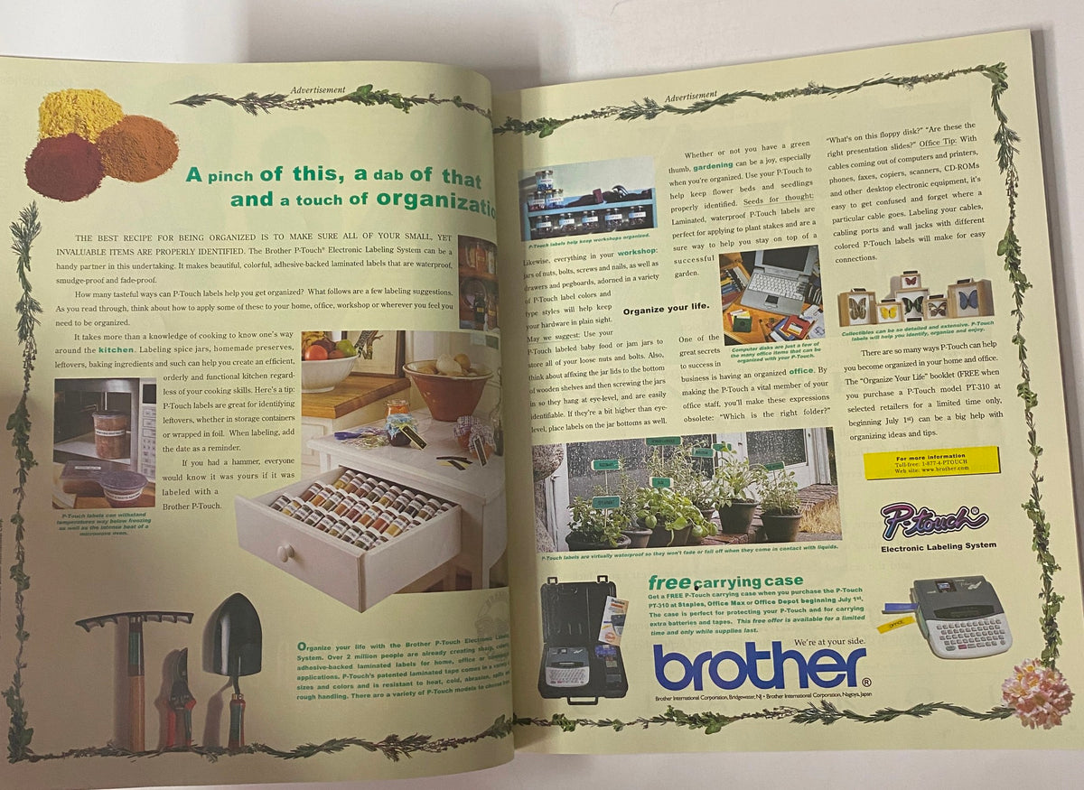 Advertisement page from Martha Stewart Living Magazine September 1998 showcasing the Brother P-Touch Electronic Labeling System for home organization.