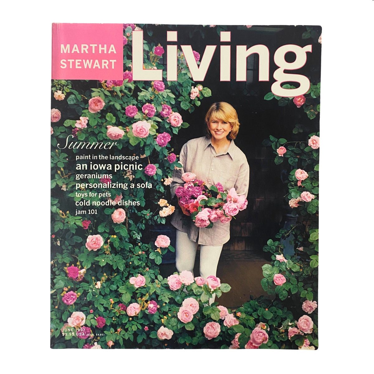 Martha Stewart Living Magazine June 1997 cover featuring Martha Stewart surrounded by roses, highlighting articles on summer activities and gardening inspiration.
