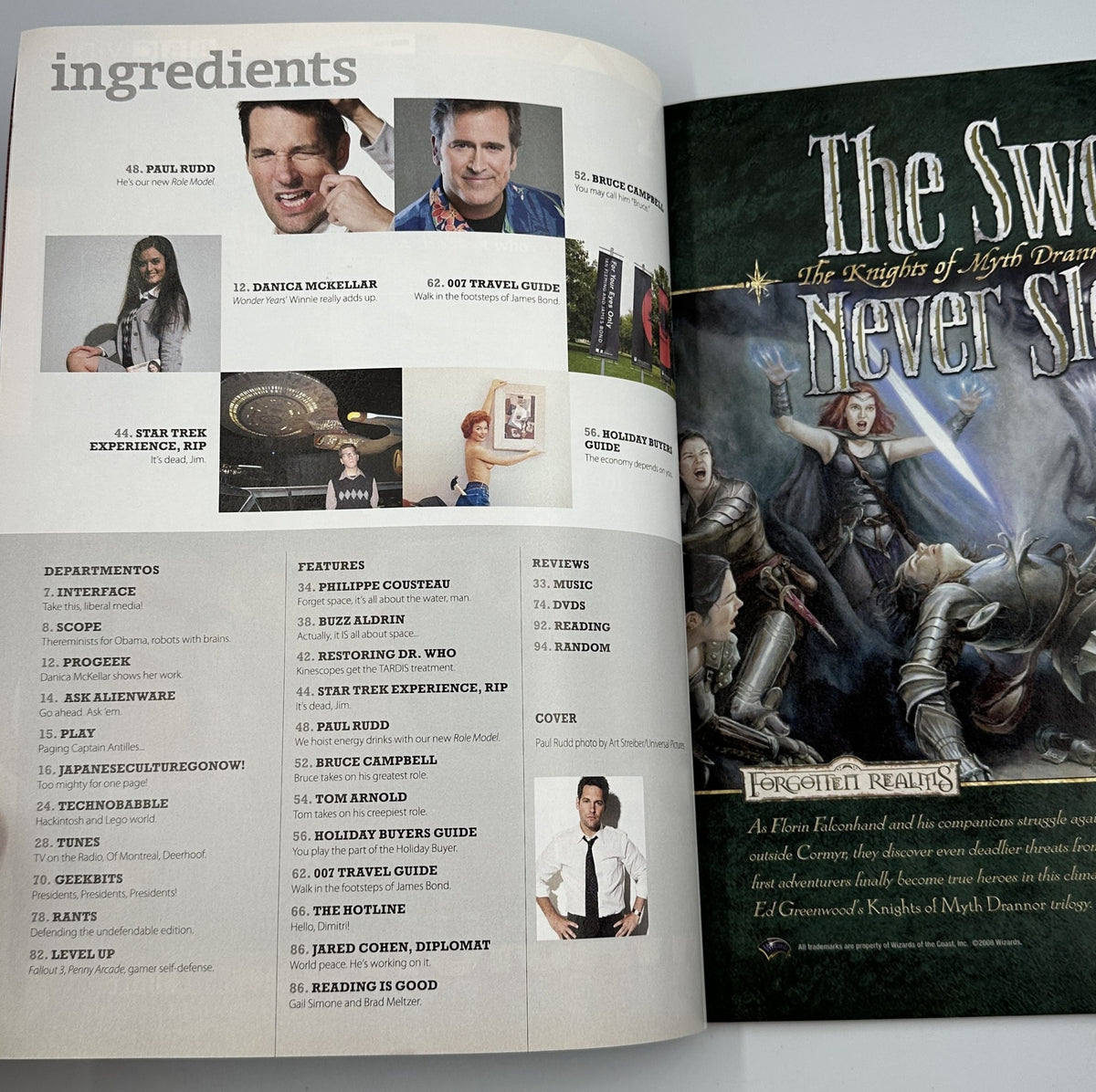 Inside page of Geek Monthly Magazine November 2008 displaying the table of contents, including features on Paul Rudd, Danica McKellar, and the Star Trek Experience.