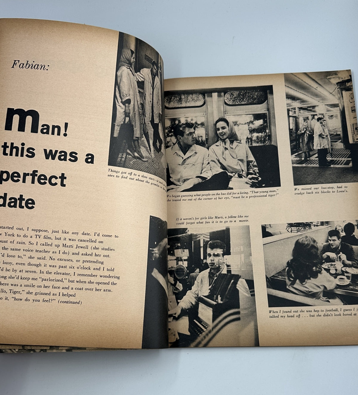An article spread in Photoplay Magazine August 1959 featuring Fabian sharing his experiences alongside captivating black and white photographs.