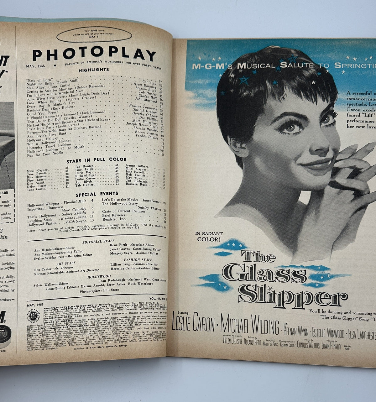 Inside page of Photoplay Magazine, May 1955 revealing the Table of Contents and advertisements, including an M-G-M film 'The Glass Slipper' with Leslie Caron.