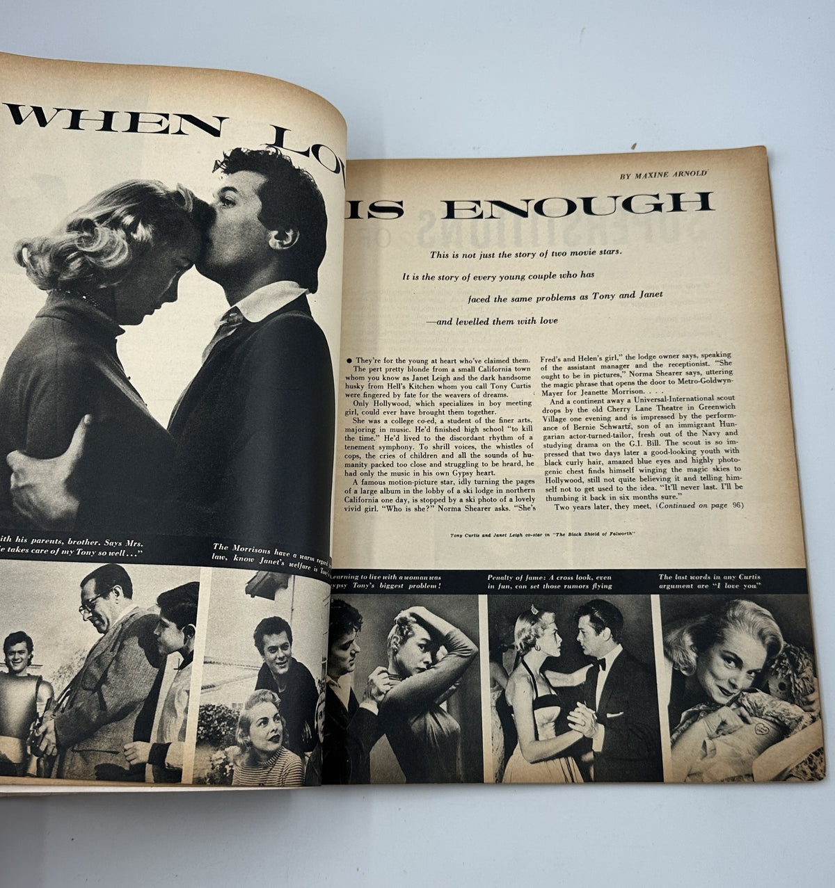 Photoplay Magazine October 1954 featuring an article page titled 'When Love Is Enough' by Maxine Arnold, illustrating a romantic scene between two lovers.