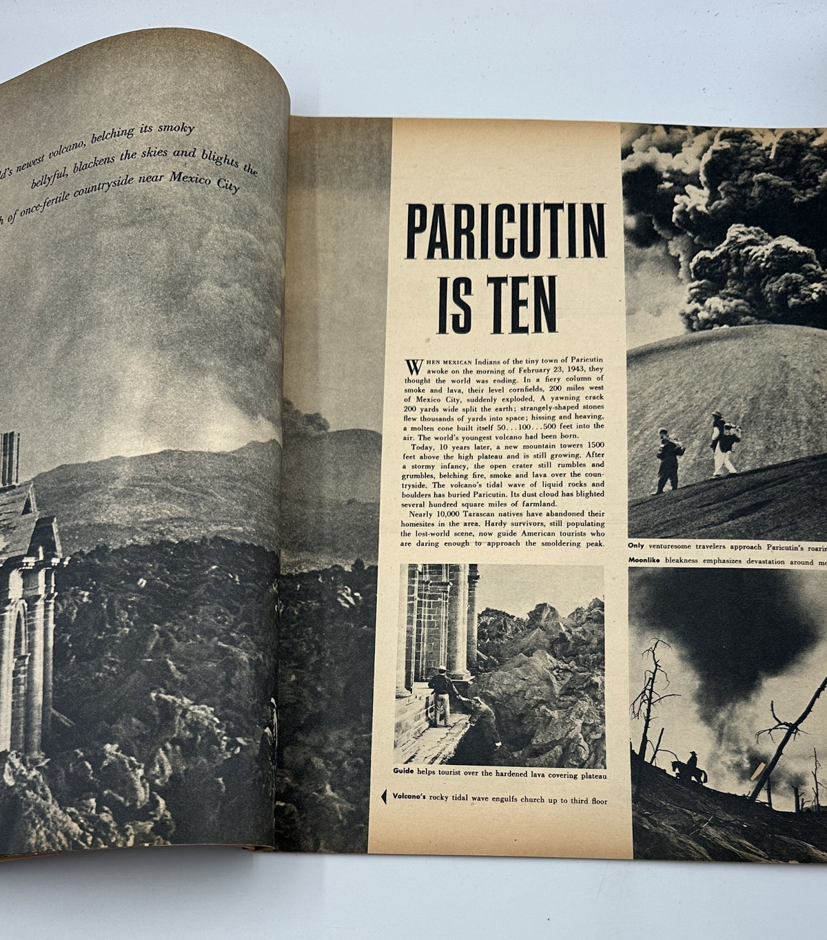 Article titled "Paricutin Is Ten" from SEE Magazine November 1953, detailing the volcanic eruption and its impact with historical photographs.