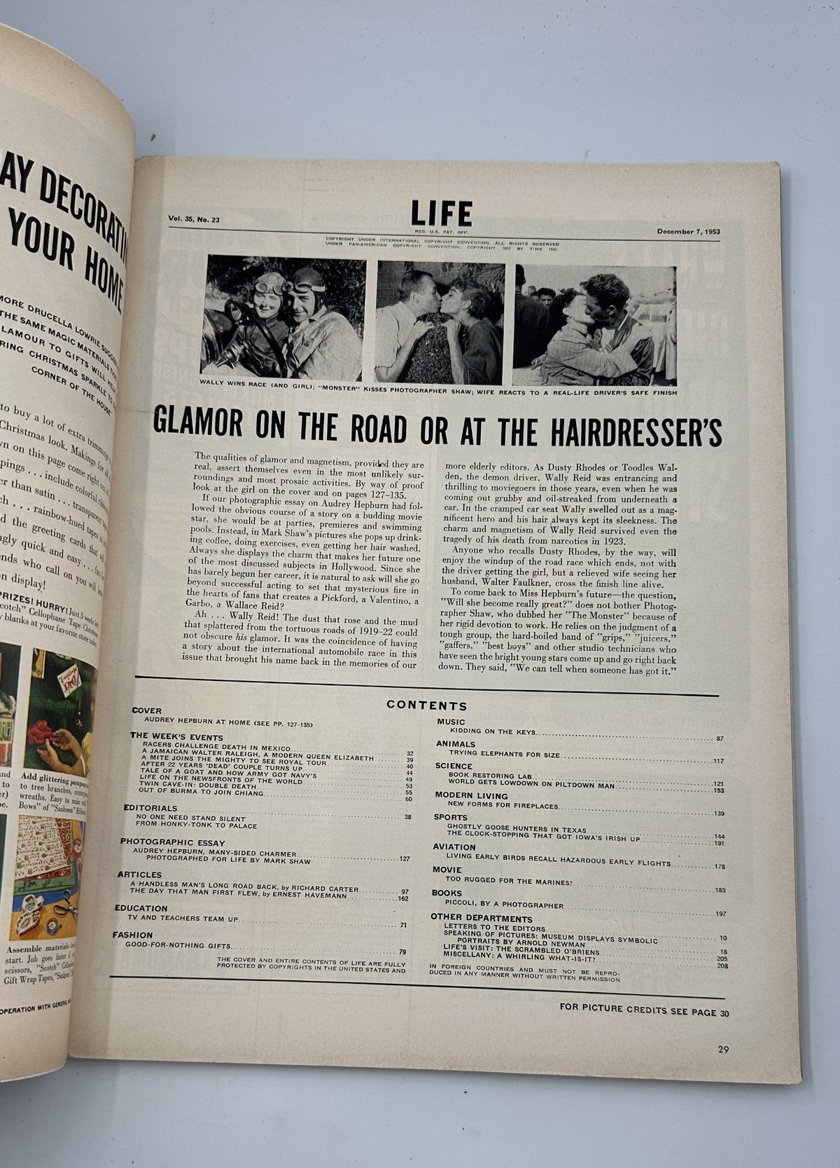 Interior page of Life Magazine December 7, 1953, discussing glamour at home with images related to hairstyle, featuring a detailed table of contents.