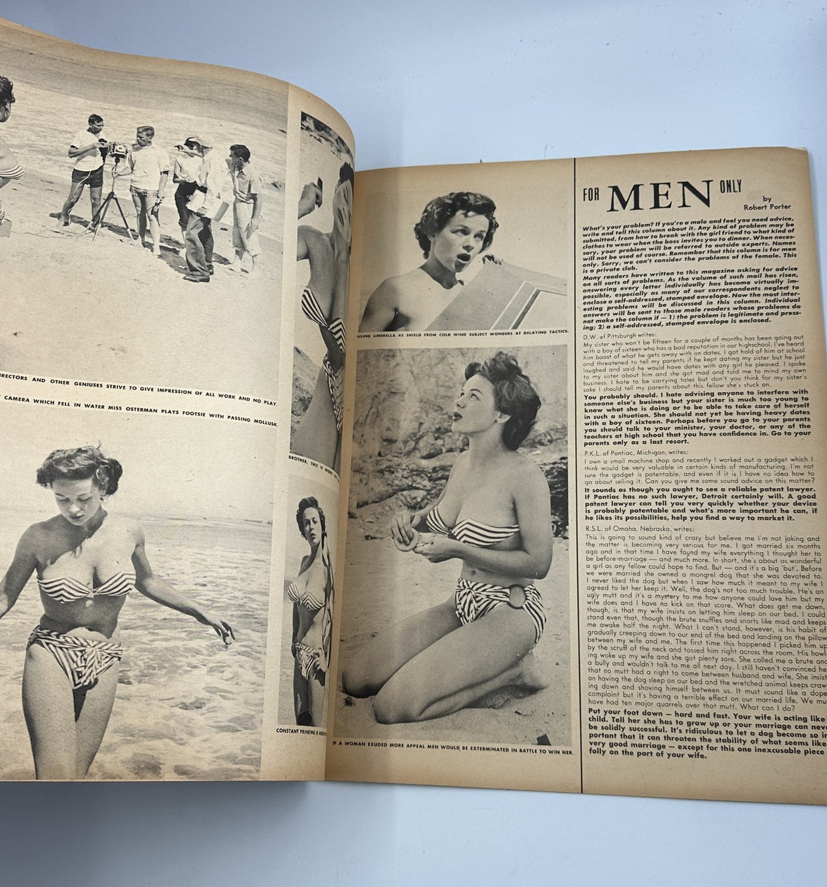 Interior page of Night and Day Magazine January 1954 showcasing a section entitled 'For Men Only.' The page features a model in a striped swimsuit, emphasizing style and summer themes.