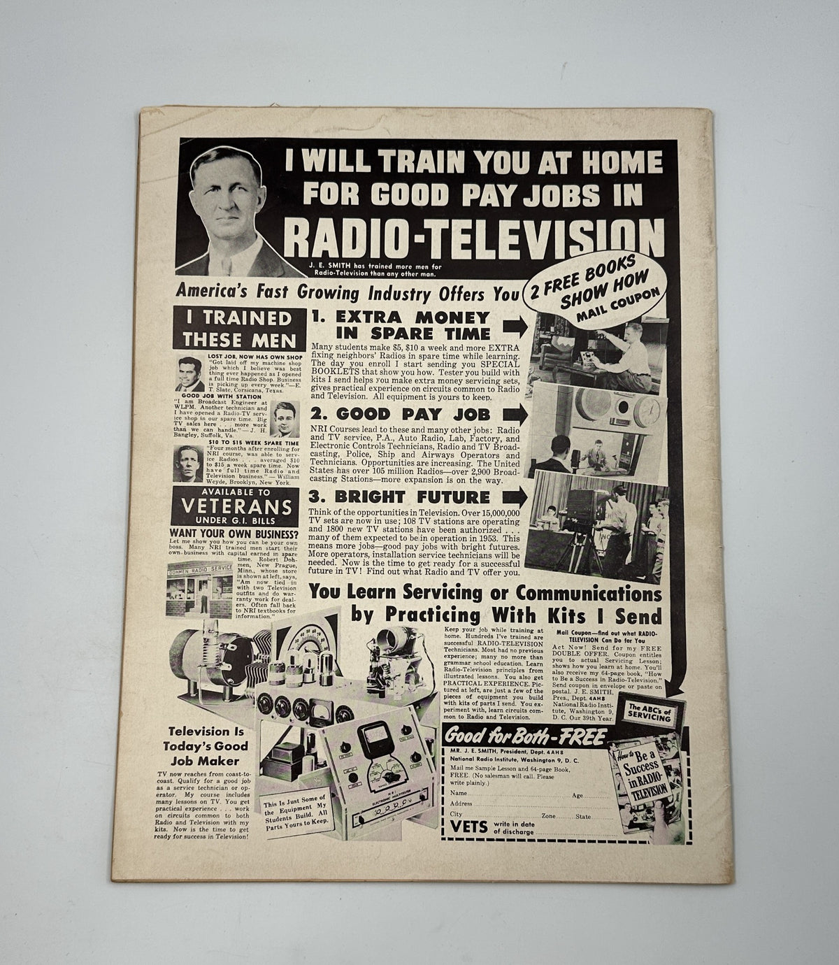 Night and Day Magazine January 1954 advertisement page with a focus on radio-television job training opportunities, reflecting mid-century career prospects.