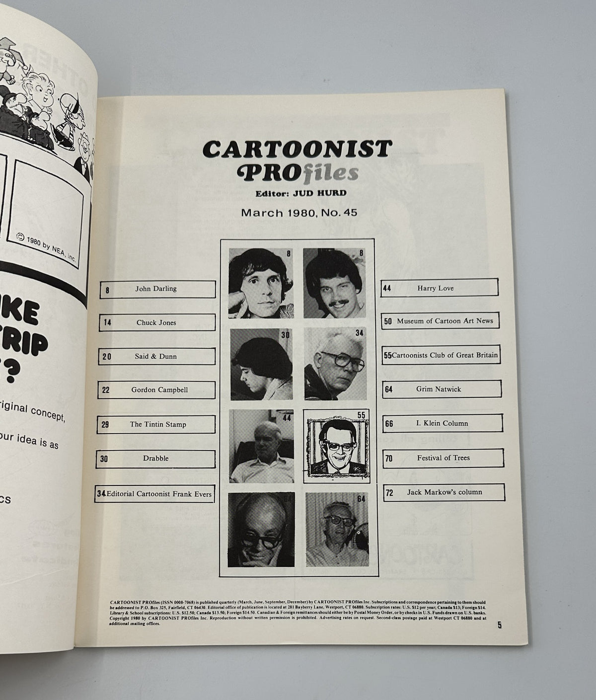 Table of Contents page from Cartoonist Profiles Magazine March 1980, issue #45, listing featured cartoonists like John Darling and Chuck Jones.