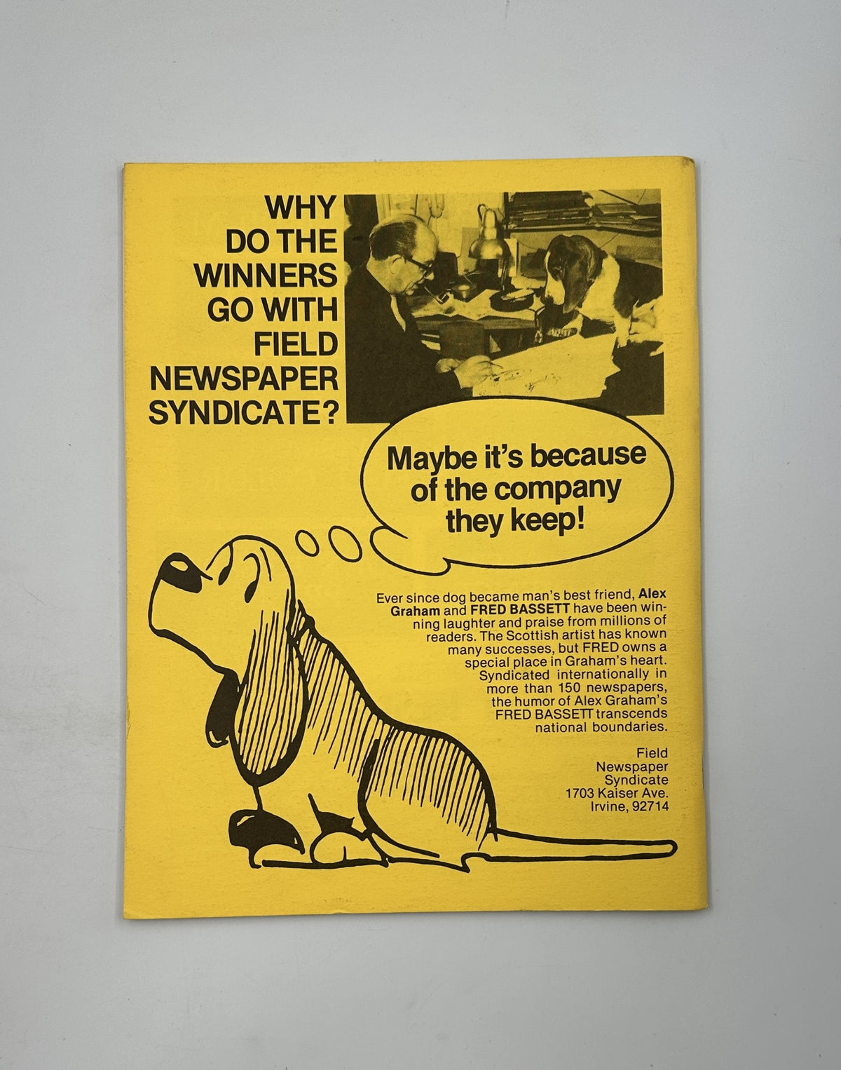 Cover of Cartoonist Profiles Magazine March 1980 with bold yellow background and a cartoon dog, captioned with 'Why do the winners go with Field Newspaper Syndicate?' This vintage magazine highlights influential cartoonists and their work.